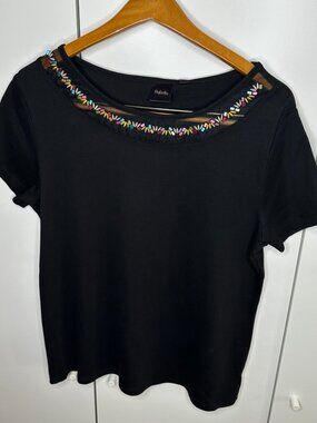 Rafaella Black Embellished Neckline Short Sleeve Knit Top NWT Size XL